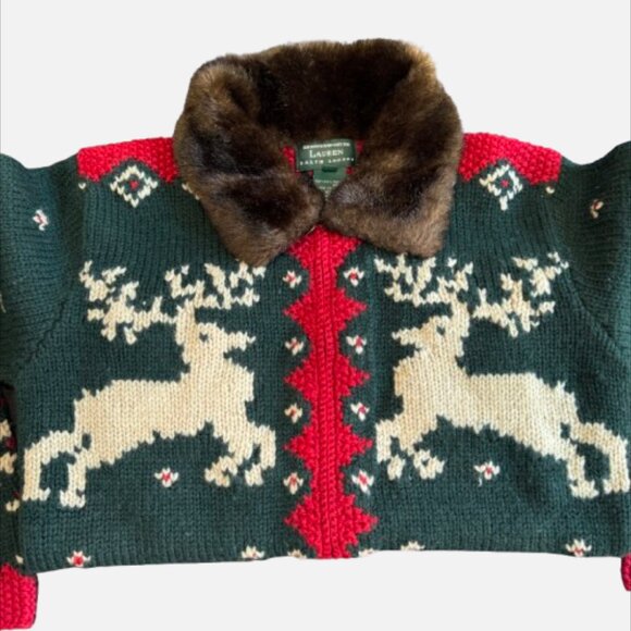 VTG Ralph Lauren Hand Knit Reindeer Cardigan Faux Fur Collar 90's (Size S) - Picture 9 of 16